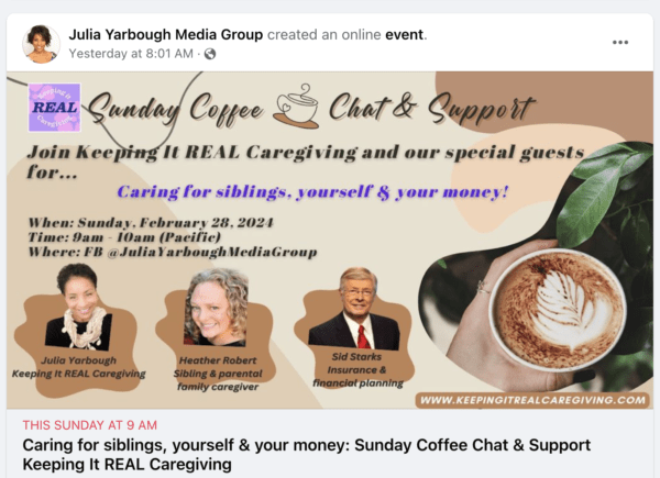 Facebook Sunday Coffee Chat and Support